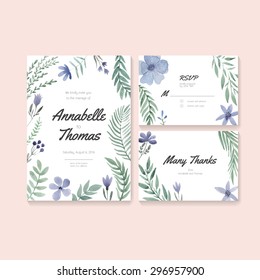 Unique gentle vector wedding cards template with watercolor. Wedding invitation or save the date, RSVP and thank you card for bridal design. Vector watercolor postcard collection. 