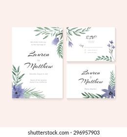 Unique gentle vector wedding cards template with watercolor. Wedding invitation or save the date, RSVP and thank you card for bridal design. Vector watercolor postcard collection. 