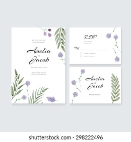 Unique gentle vector wedding cards template with watercolor. Wedding invitation or save the date, RSVP and thank you card for bridal design. Vector watercolor postcard collection with florals. 