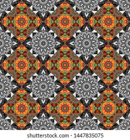 Unique geometric bright swatch in blue, gray and orange colors. Vector illustration. Abstract vector background with mandalas. Creative decoration for wallpaper, clothes, textile.