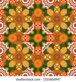 Unique geometric bright swatch in brown, orange and green colors. Creative decoration for wallpaper, clothes, textile. Abstract vector background with mandalas. Vector illustration.
