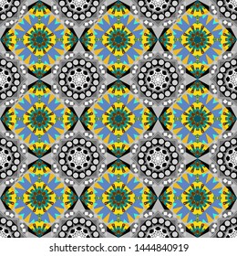 Unique geometric bright swatch in gray, yellow and blue colors. Abstract vector background with mandalas. Creative decoration for wallpaper, clothes, textile. Vector illustration.