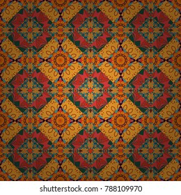 Unique geometric bright swatch in orange, red and yellow colors. Vector illustration. Creative decoration for wallpaper, clothes, textile. Abstract vector background with mandalas.