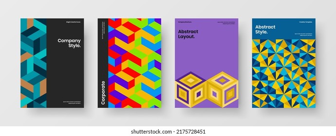 Conjunto de ilustraciones de folletos de hexágonos geométricos únicos. Colección de conceptos de diseño de vectores de identidad corporativa brillante.