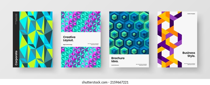 Unique geometric hexagons corporate identity template set. Abstract magazine cover design vector layout collection.
