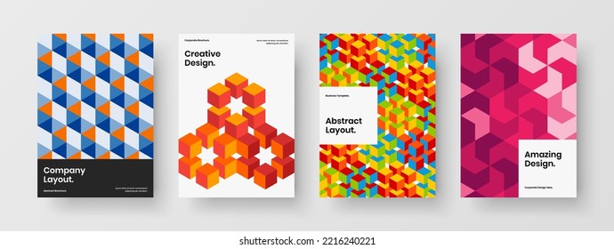 Unique geometric hexagons magazine cover layout set. Bright corporate identity vector design concept collection.