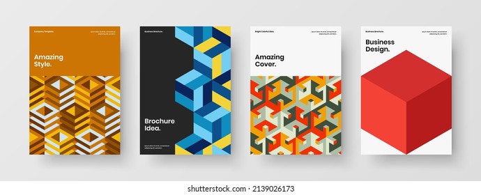 Unique geometric hexagons pamphlet concept composition. Multicolored magazine cover vector design illustration collection.
