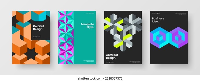Unique geometric hexagons poster illustration set. Fresh corporate identity A4 design vector layout bundle.