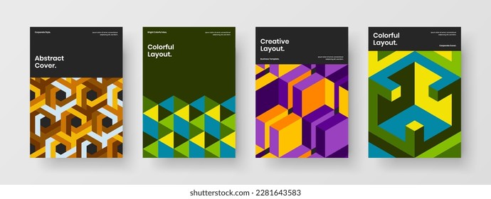 Unique geometric pattern book cover concept bundle. Fresh booklet design vector layout collection.
