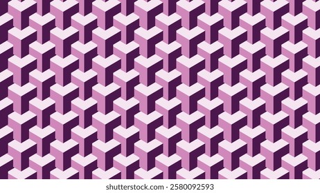 Unique geometric pattern featuring repeated purple heart shapes with a three-dimensional effect, creating a bold and abstract visual appeal, ideal for design projects, backgrounds, or decorative purpo