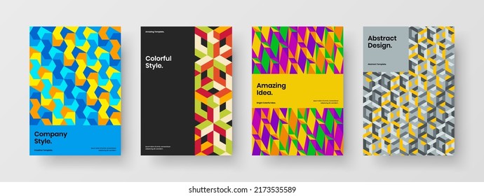 Unique geometric shapes magazine cover template composition. Creative placard A4 vector design layout bundle.