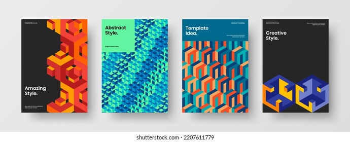 Unique geometric shapes postcard concept bundle. Abstract magazine cover design vector illustration collection.
