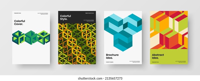 Unique geometric shapes postcard illustration set. Multicolored leaflet A4 design vector template collection.