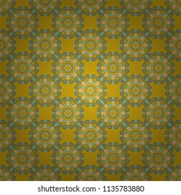 Unique geometric swatch. Perfect for site backdrop, wrapping paper, wallpaper, textile and surface design. Vector blue, pink and yellow creative Ethnic Style mandalas seamless pattern.