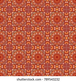 Unique geometric swatch. Perfect for site backdrop, wrapping paper, wallpaper, textile and surface design. Vector pink, orange and red creative Ethnic Style mandalas seamless pattern.