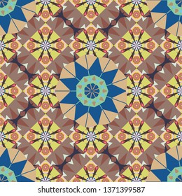 Unique geometric swatch. Vector beige, brown and yellow creative Ethnic Style mandalas seamless pattern. Perfect for site backdrop, wrapping paper, wallpaper, textile and surface design.