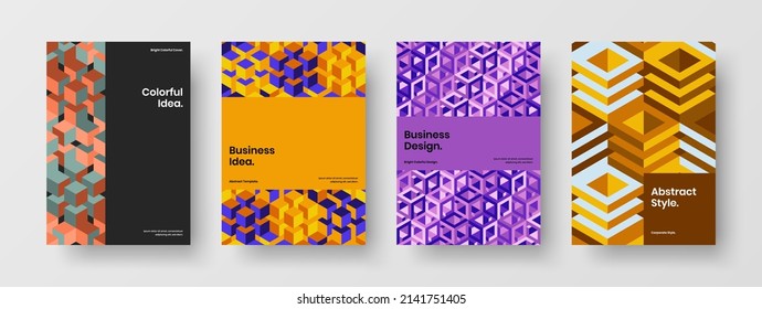 Unique geometric tiles banner concept set. Modern cover design vector template bundle.