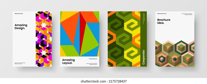 Unique geometric tiles corporate brochure template set. Multicolored book cover design vector concept bundle.