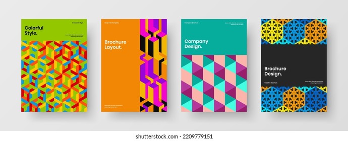 Conjunto de concepto de cubierta de azulejos geométricos únicos. Colección de diseño de vectores de pancartas multicolores A4.