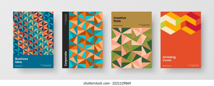 Unique geometric tiles flyer template composition. Premium booklet A4 design vector illustration bundle.