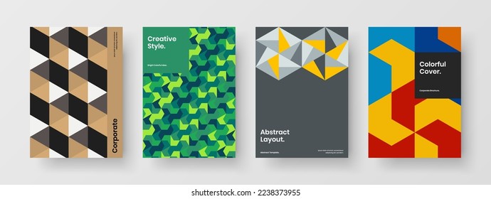 Unique geometric tiles magazine cover layout composition. Vivid placard A4 vector design template bundle.