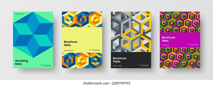 Unique geometric tiles pamphlet concept collection. Vivid magazine cover design vector template composition.