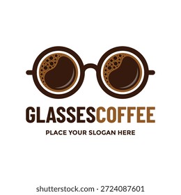 Unique glasses coffee logo combining spectacles frames with coffee cups. Vector illustration great for cafes, optical shops, coffee houses, and creative beverage brands.