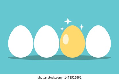 Unique gold egg in row of white ones on turquoise blue background. Opportunity, profit, investment, luck and success concept. Flat design. EPS 8 vector illustration, no transparency, no gradients