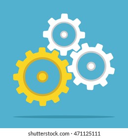 Unique gold gear among white ones on blue background. Teamwork, cooperation and technology concept. Flat design. Vector illustration. EPS 8, no transparency