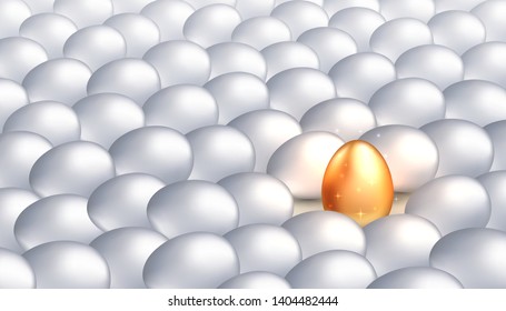 Unique golden egg among ordinary white eggs, the concept of exclusivity, success. Bright individuality, successful personality. Vector illustration