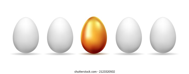 Unique golden egg in row of ordinary white eggs. Concept of exclusivity, creativity, success, rarity. Bright individuality, successful personality. Vector illustration