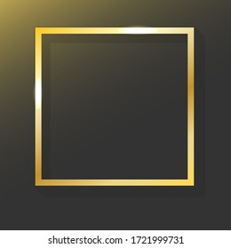 Unique golden frame on a black background with a golden gradient in the upper left corner. Square frame with reflective effect. Vector illustration. Stock Photo.