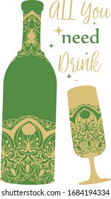 Unique golden mandala art design for wine bottle and glass. Vector
