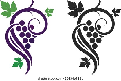 Unique grapevine logo with leaves and in the form of a black silhouette, grape fruit icon.