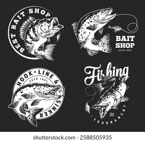 Unique graphic designs showcase various themes related to fishing bait shopping and tournaments featuring illustrations of fish and bold text within decorative circles.