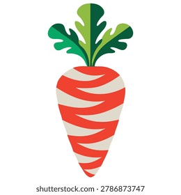 A unique, graphic representation of a carrot with vibrant red and white spiral stripes and green leafy tops, isolated on a white background.