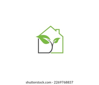 Unique green house logo design. Natural tree and home Vector illustration.
