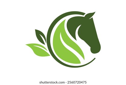 Unique Green Leaf With Round Horse Head Logo Icon Design Vector Illustration. Pro Vector