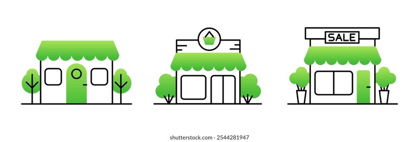 Unique Green Line Icons with Nature Symbols, Mini Shops, Markets, and Exterior with Trees and gradient, Vector for UX Design