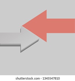 Unique grey arrow against corral one another direction on grey background. Trend, creativity and competition concept. Flat design