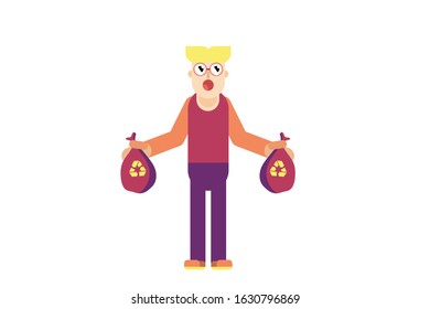 A unique guy brings rubbish for recycling, flat vector illustration. A recycle colorful vector illustration, this illustration can use as a sticker also. 