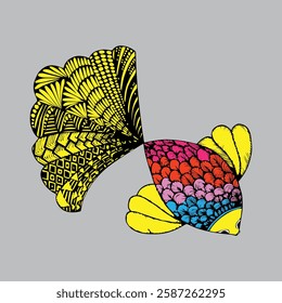 A unique half monochrome, half colorful fish illustration with patterns and vibrant scales, symbolizing balance, transformation, artistic creativity in a modern decorative style. Mandala art design.