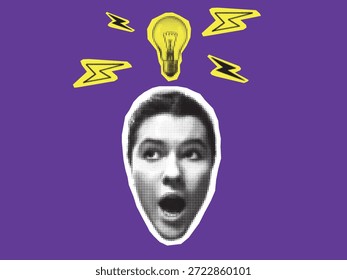 Un collage semitono único de una cabeza con una bombilla, concepto de idea de negocio, solución creativa