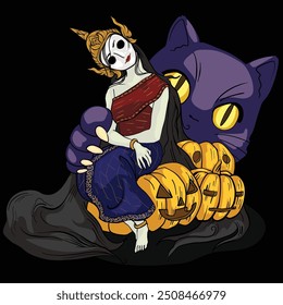 Unique Halloween artwork featuring a ghostly Thai dancer resting against a giant cat, surrounded by pumpkins, blending cultures and spookiness.