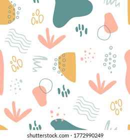 Unique hand drawn abstract shapes texture. Organic shapes seamless pattern. Memphis style background. Minimal stylish cover template in pastel colors. Social media stories. Vector illustration.