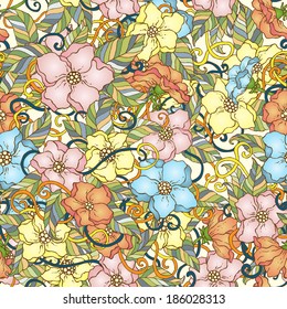 Unique hand drawn abstract vector floral background. Seamless pattern.