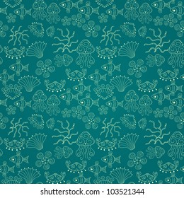 Unique hand drawn beach seamless pattern. Vector illustration. Seamless pattern can be used for wallpaper, pattern fills, web page background, surface textures.