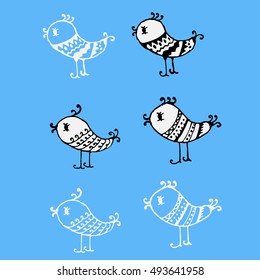 Unique hand drawn birds with ornament 