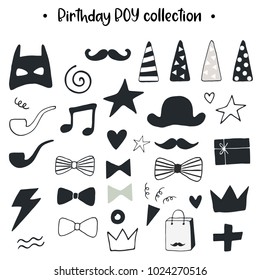 Unique hand drawn birthday boy collection. Set of holiday elements. Monochrome decorations in scandinavian style. Vector illustration.