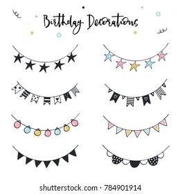 Unique hand drawn birthday garlands set. Holiday color decorations in scandinavian style. Vector illustration.